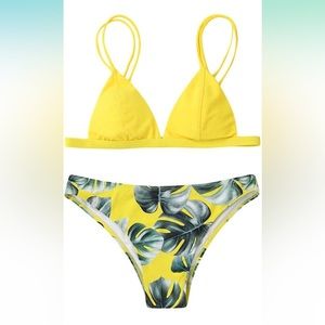 Yellow Bikini Swimsuit set V Neck Leaves Print Double Straps. Medium